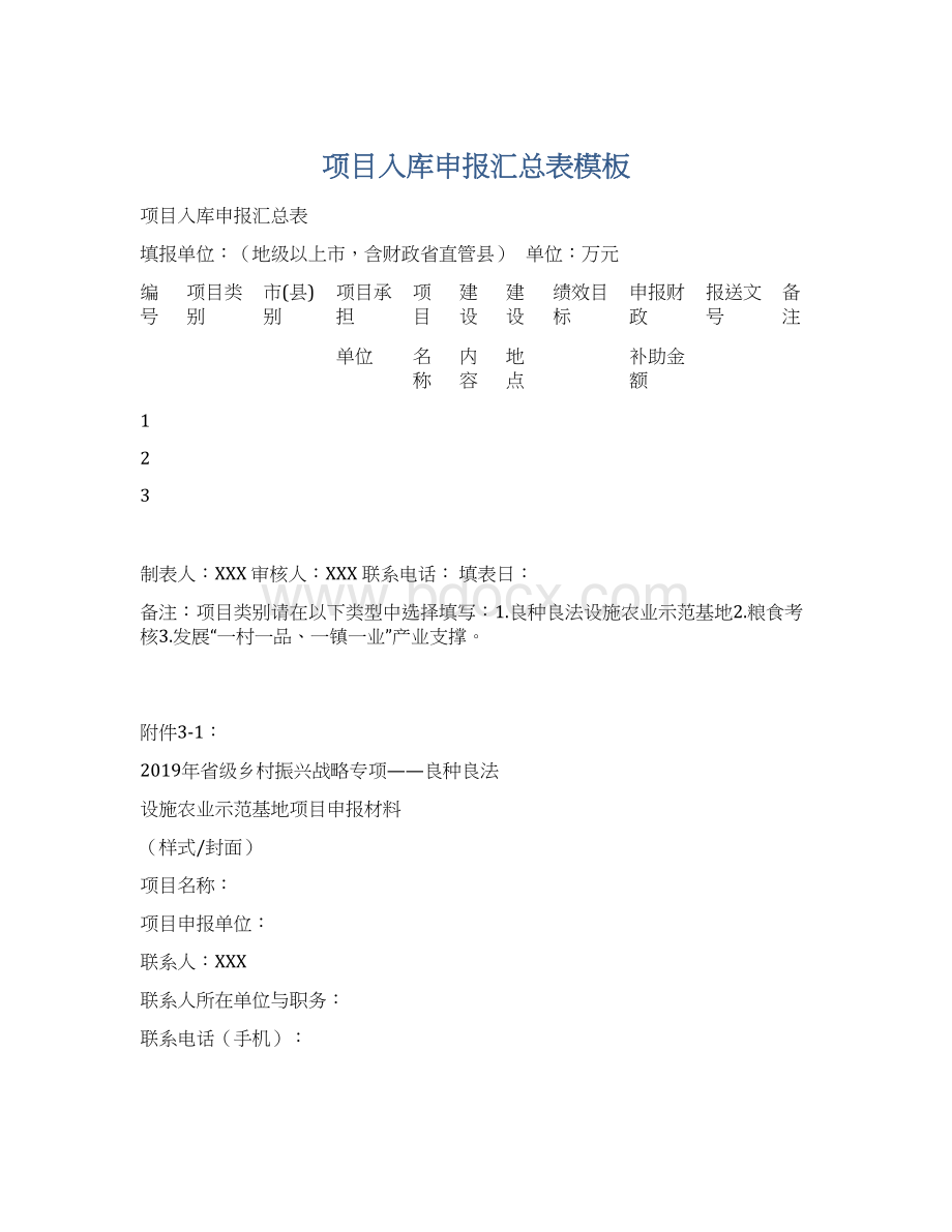 项目入库申报汇总表模板文档格式.docx