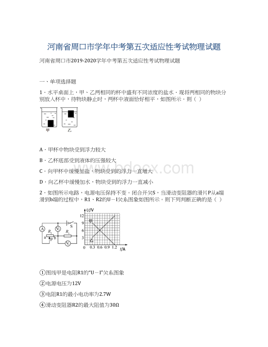 河南省周口市学年中考第五次适应性考试物理试题Word格式文档下载.docx