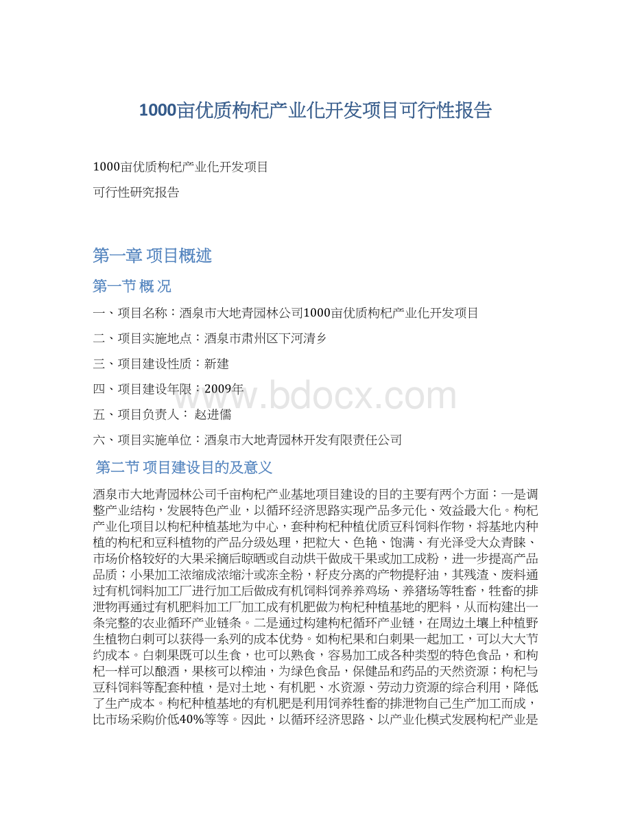 1000亩优质枸杞产业化开发项目可行性报告Word格式文档下载.docx