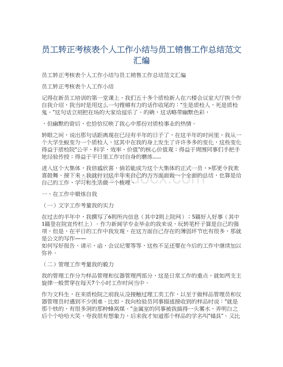 员工转正考核表个人工作小结与员工销售工作总结范文汇编.docx