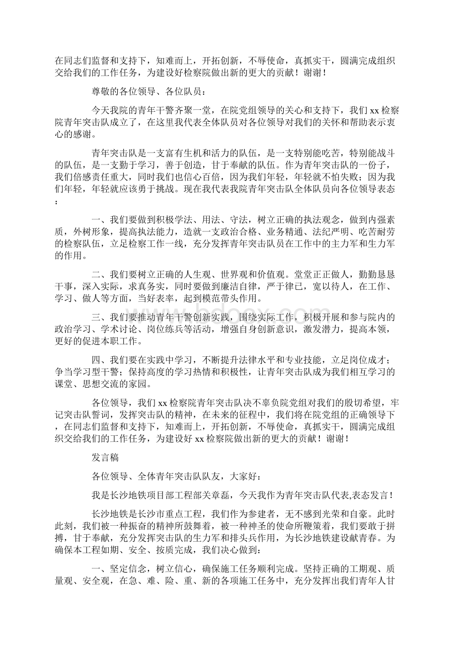 青年突击队代表表态发言稿精选多篇Word文档格式.docx_第2页