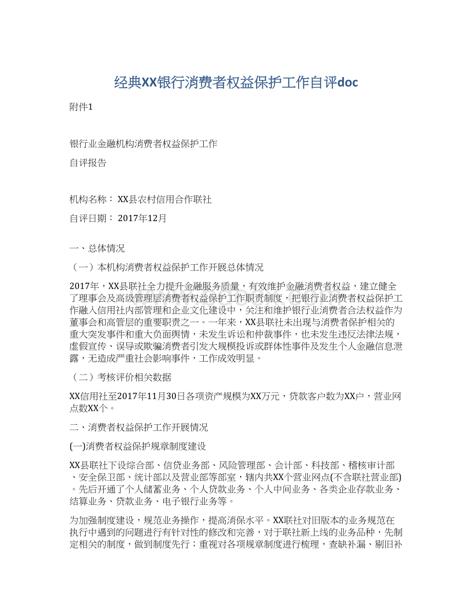 经典XX银行消费者权益保护工作自评docWord格式.docx