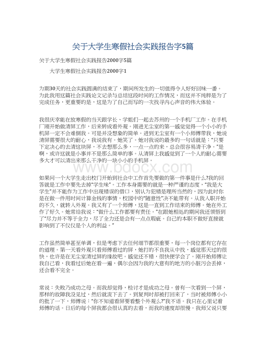 关于大学生寒假社会实践报告字5篇文档格式.docx