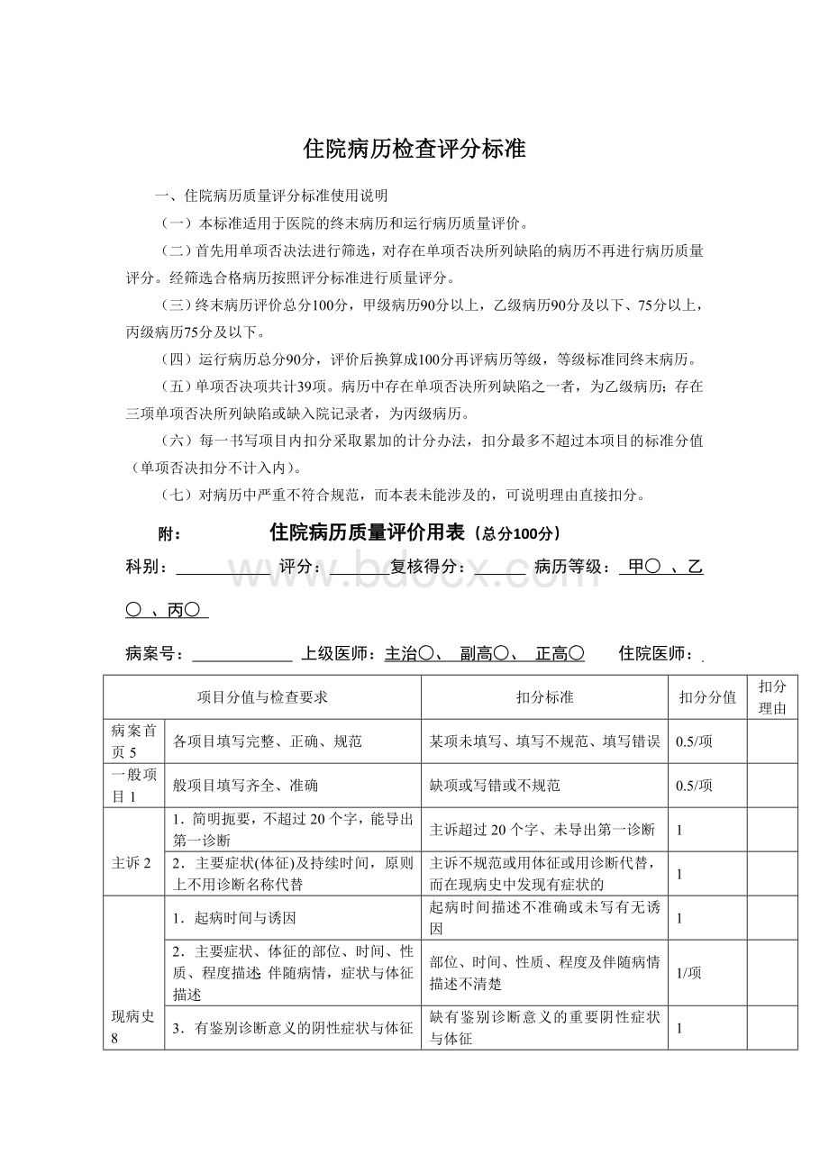 住院病历检查评分标准_精品文档文档格式.doc