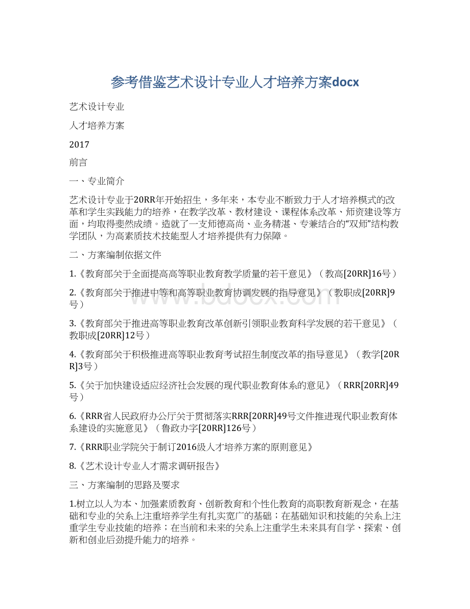 参考借鉴艺术设计专业人才培养方案docxWord文档格式.docx_第1页