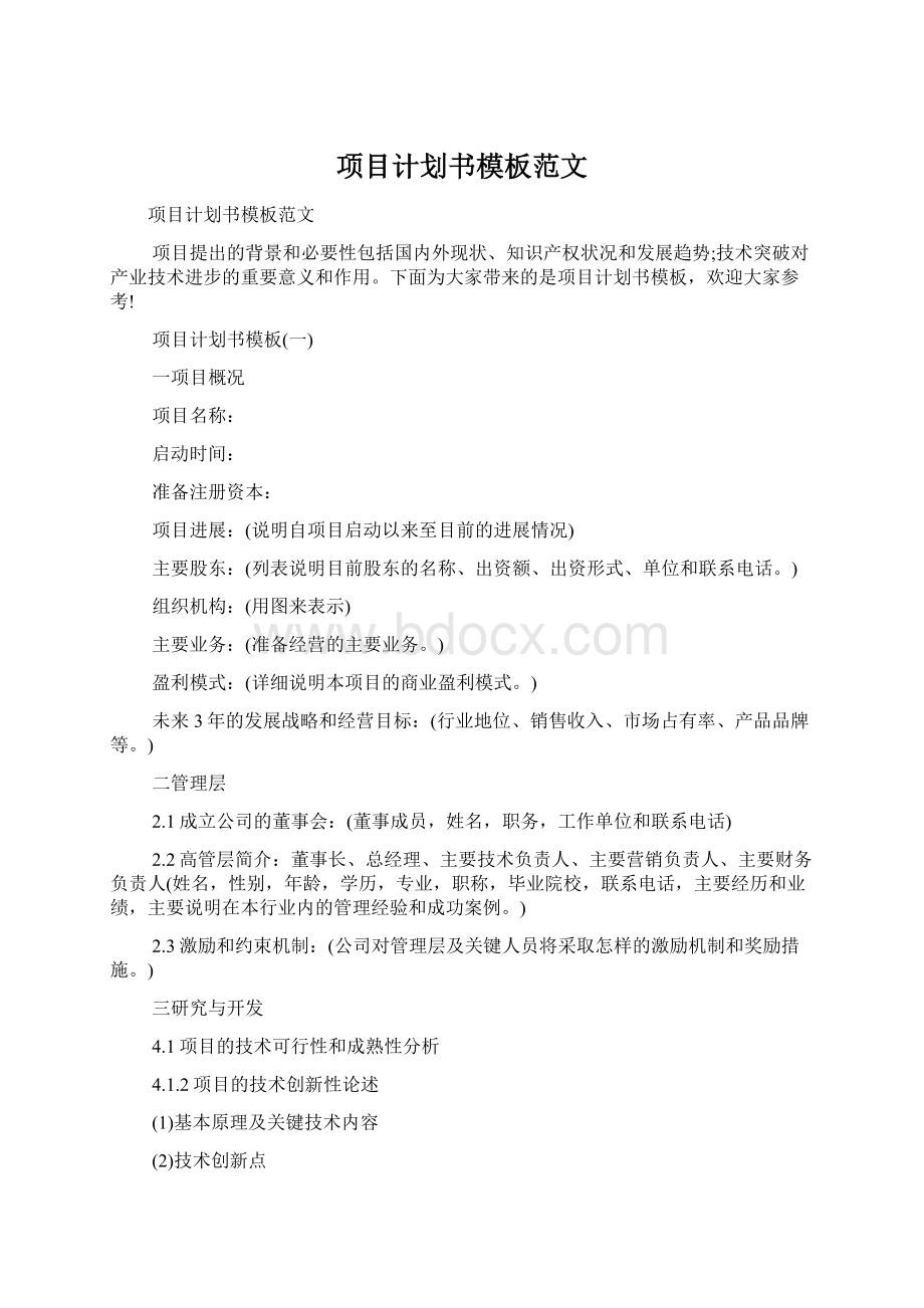 项目计划书模板范文Word格式文档下载.docx_第1页