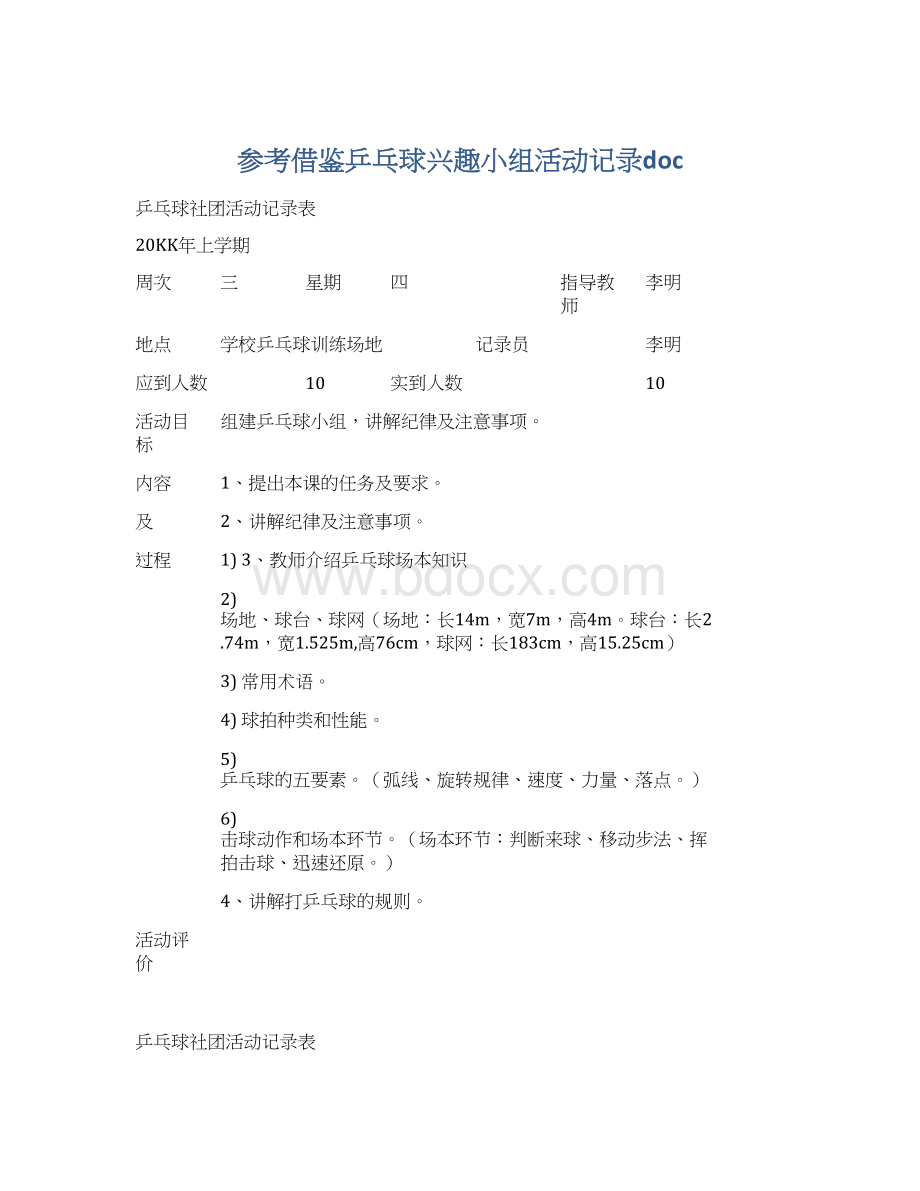 参考借鉴乒乓球兴趣小组活动记录docWord下载.docx