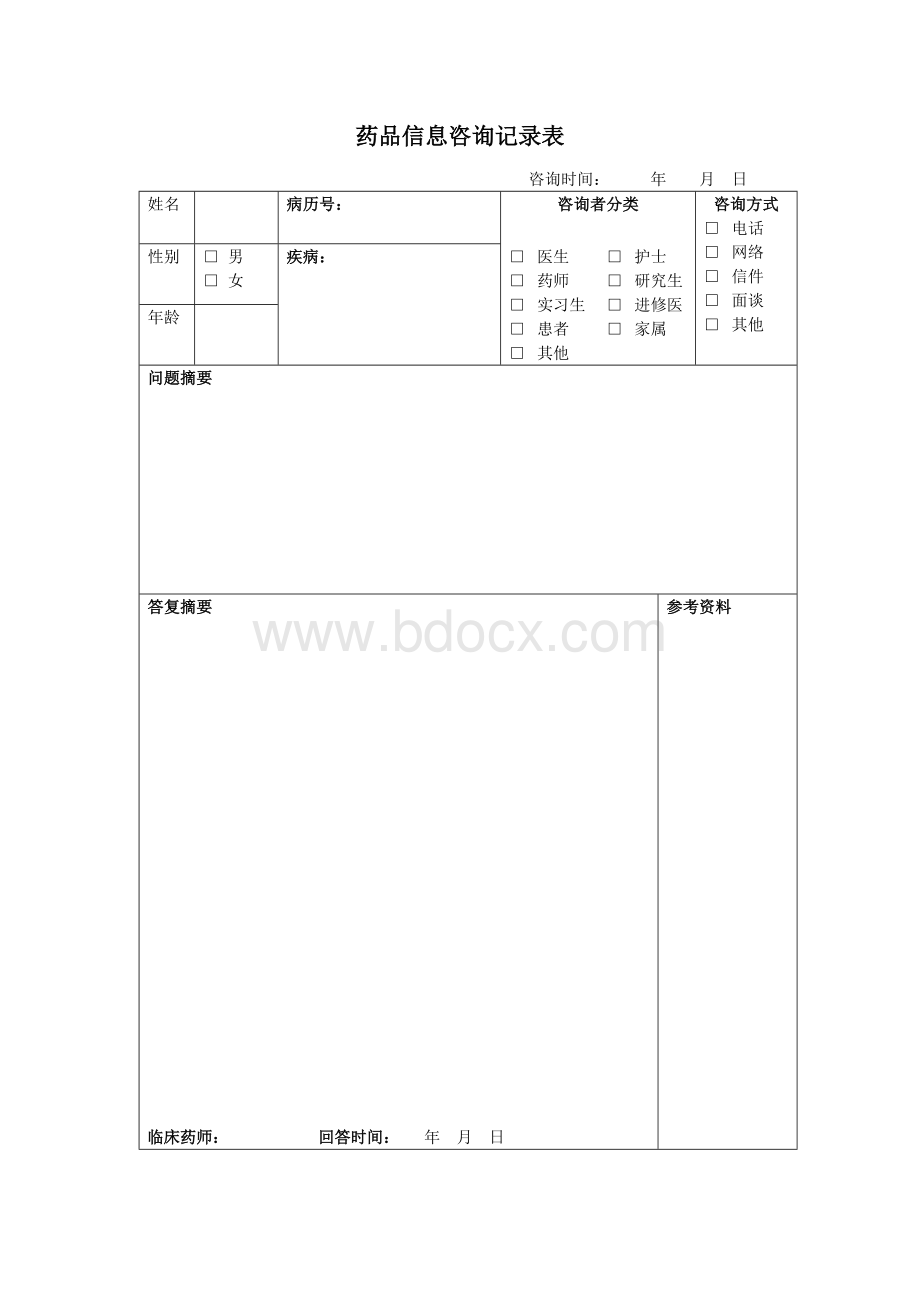 药品信息咨询记录表_精品文档.doc_第1页