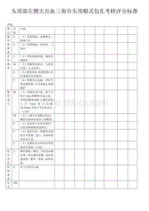 头顶部左侧大出血三角巾头顶帽式包扎考核评分标准_精品文档Word下载.doc