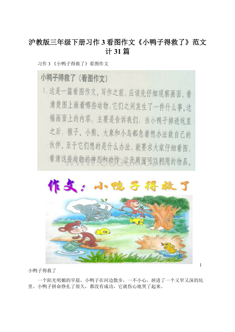 沪教版三年级下册习作3看图作文《小鸭子得救了》范文计31篇.docx