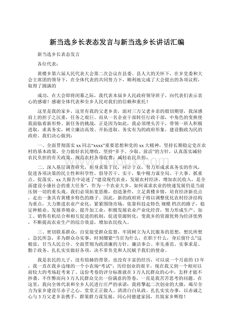 新当选乡长表态发言与新当选乡长讲话汇编Word文件下载.docx_第1页