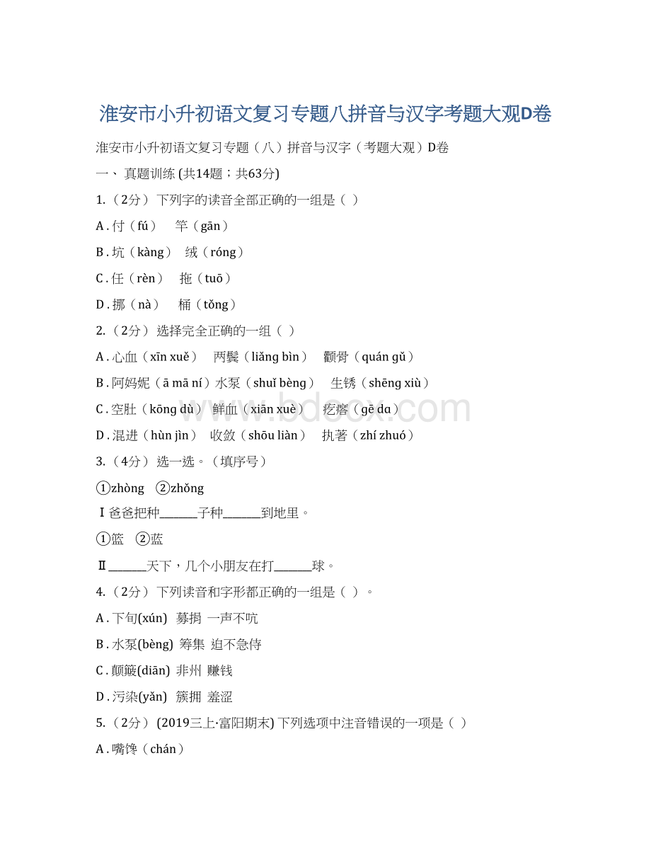 淮安市小升初语文复习专题八拼音与汉字考题大观D卷Word文档格式.docx