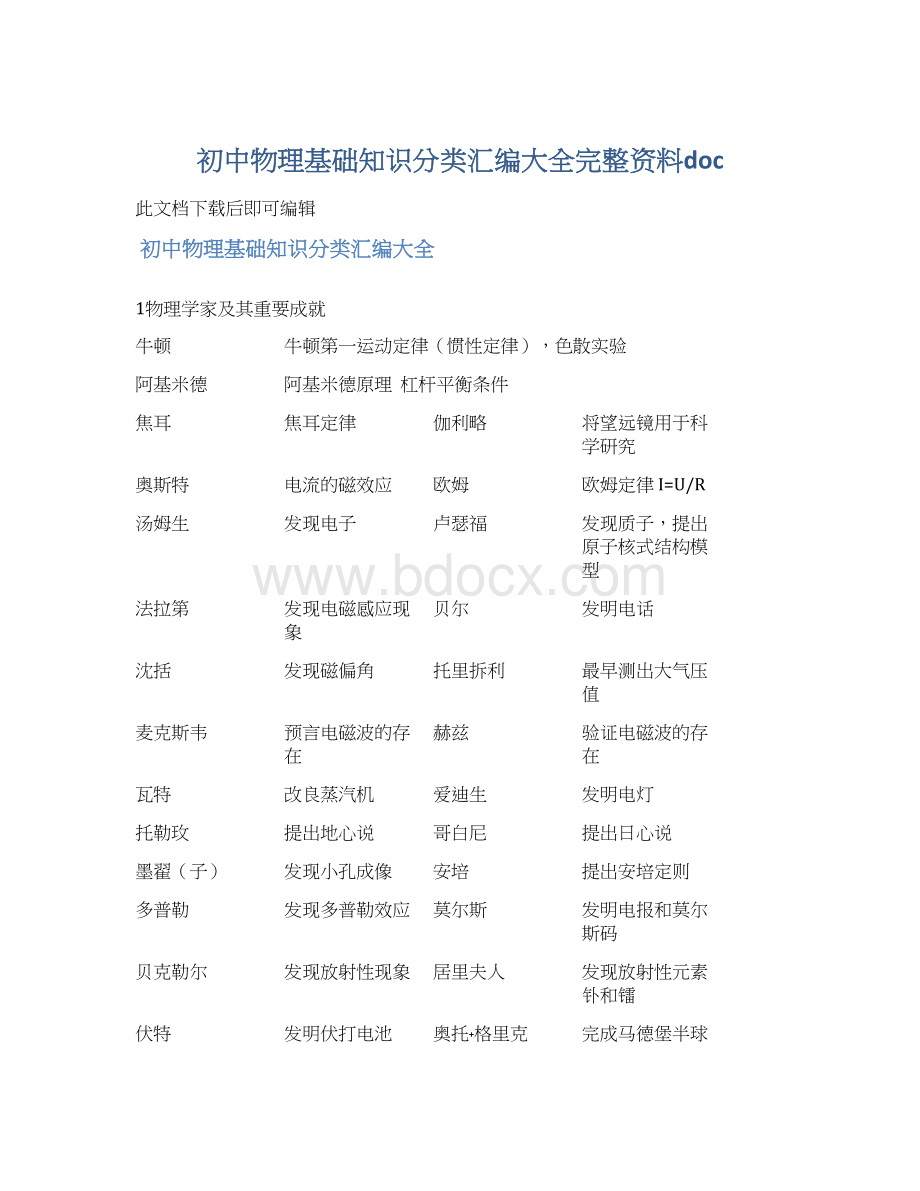 初中物理基础知识分类汇编大全完整资料docWord文档下载推荐.docx