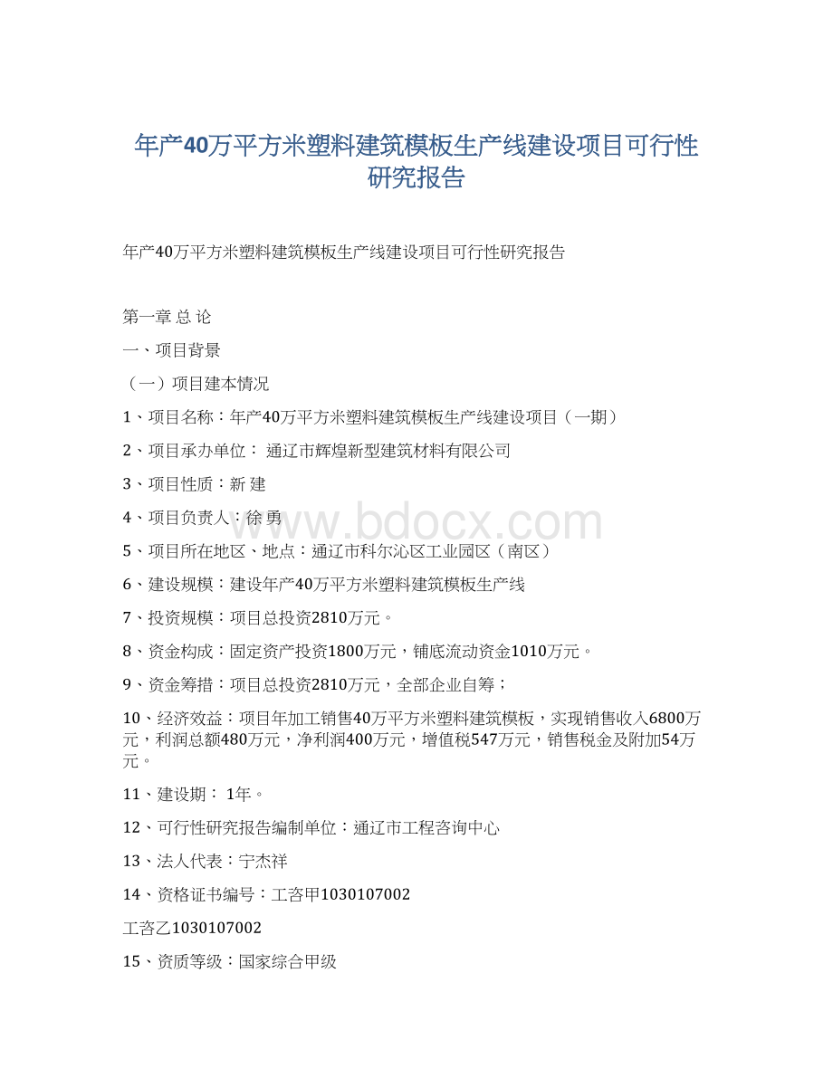 年产40万平方米塑料建筑模板生产线建设项目可行性研究报告Word文件下载.docx