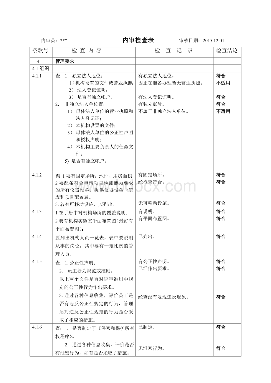 最新实验室资质认定内审检查表_精品文档.doc_第1页