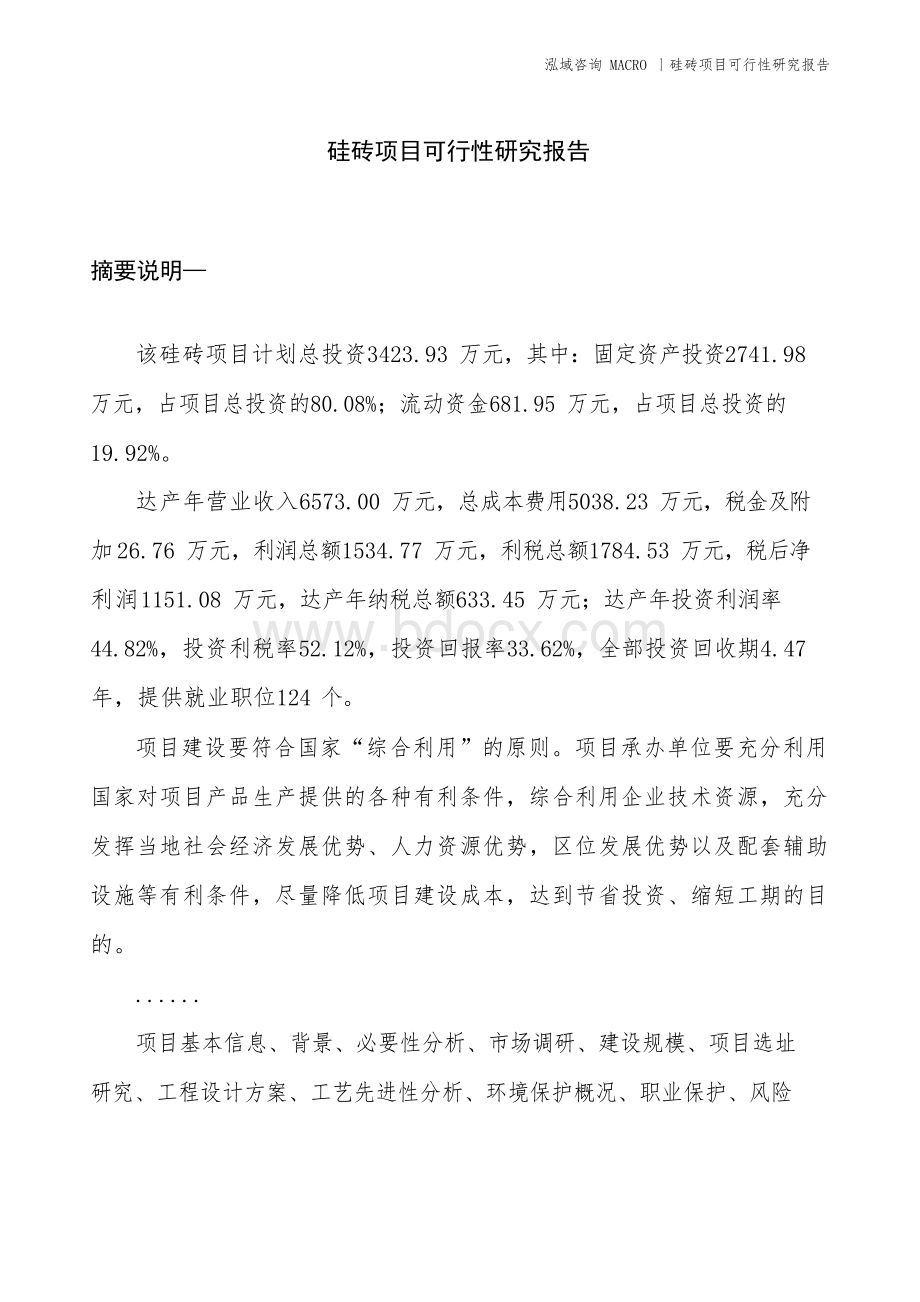 硅砖项目可行性研究报告文档格式.docx