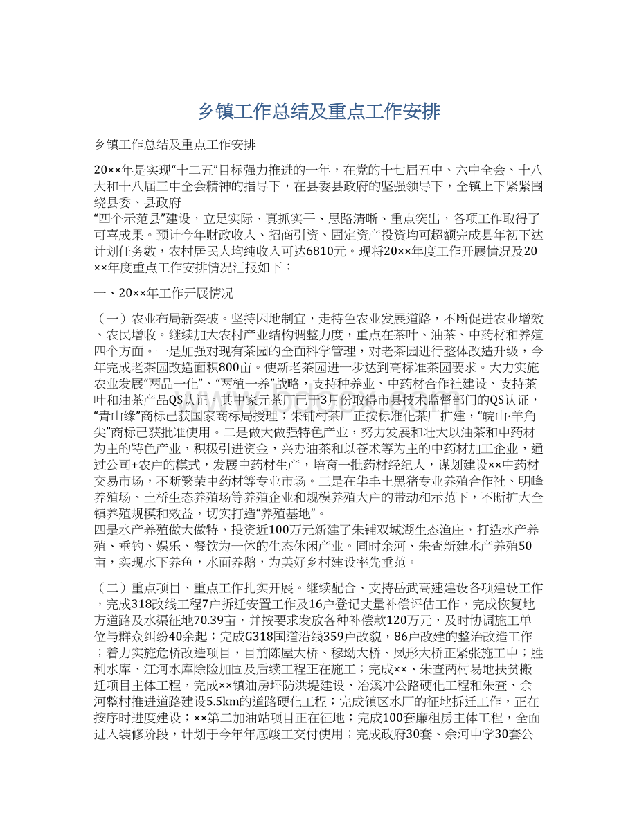 乡镇工作总结及重点工作安排文档格式.docx_第1页