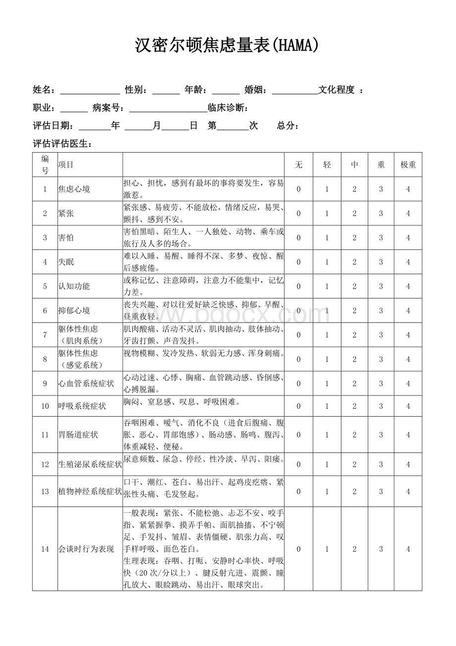 汉密尔顿焦虑量表HAMA.doc