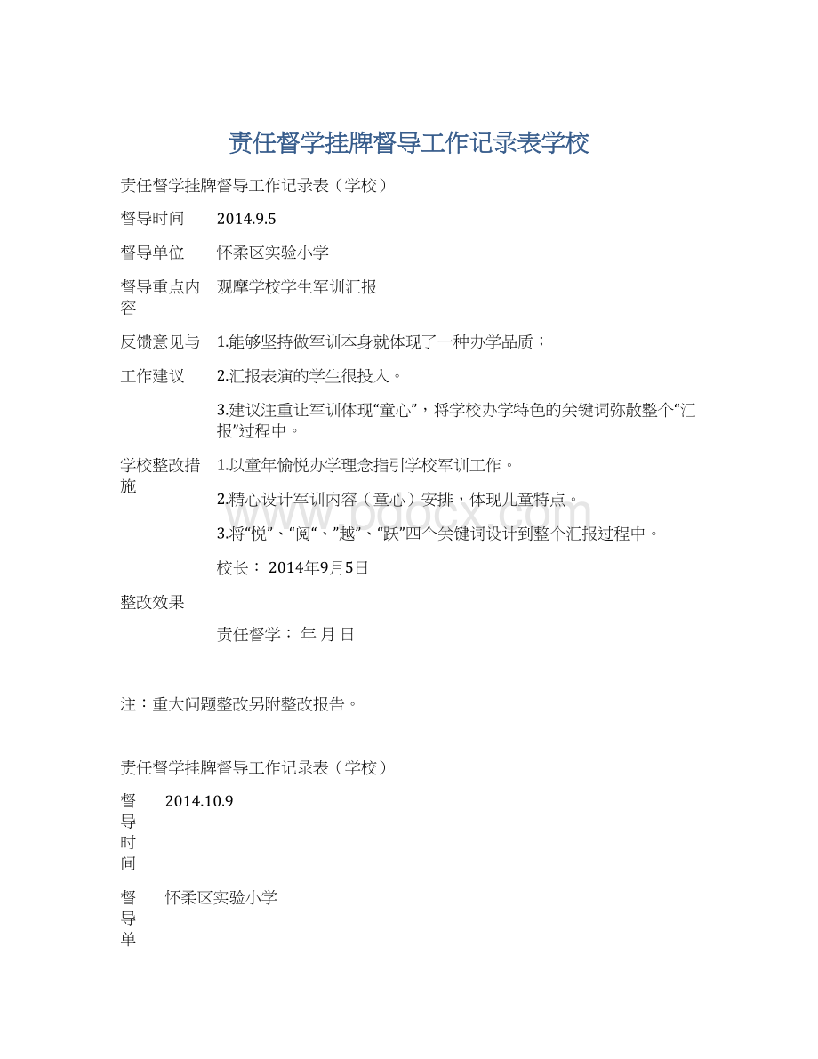 责任督学挂牌督导工作记录表学校Word文件下载.docx