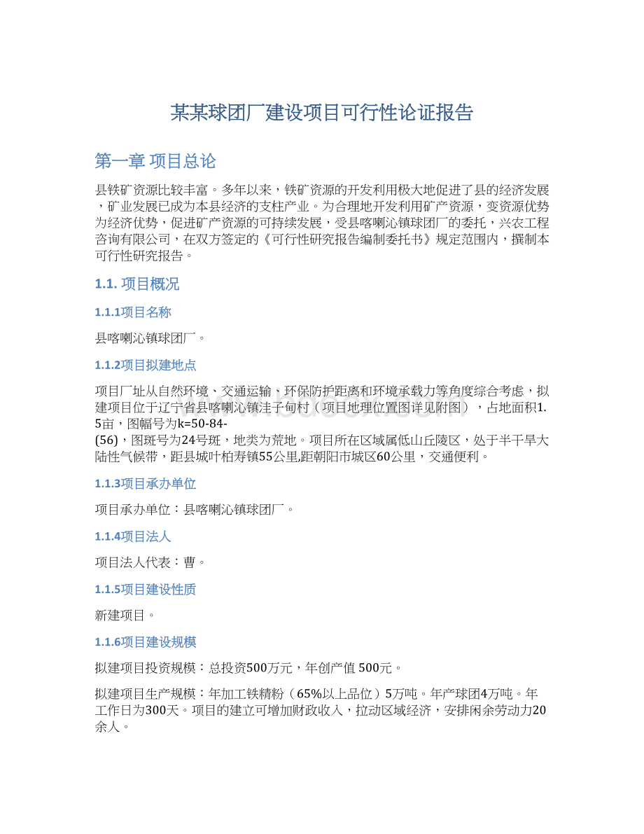 某某球团厂建设项目可行性论证报告.docx_第1页