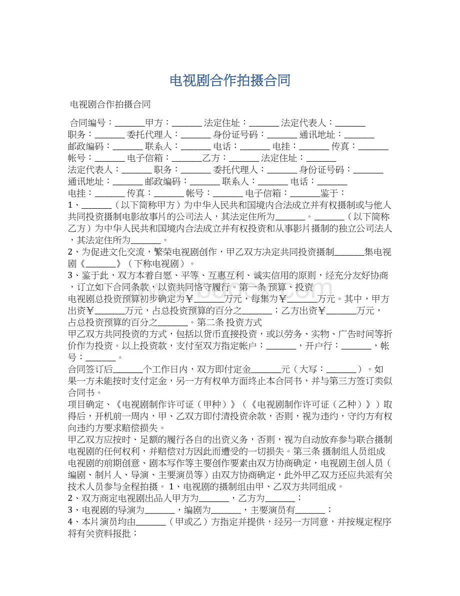 电视剧合作拍摄合同Word文件下载.docx