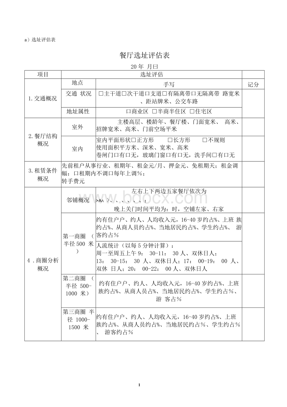 餐厅选址评估表Word格式.docx