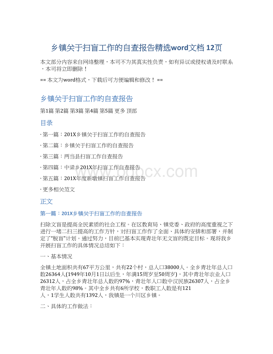 乡镇关于扫盲工作的自查报告精选word文档 12页Word格式.docx