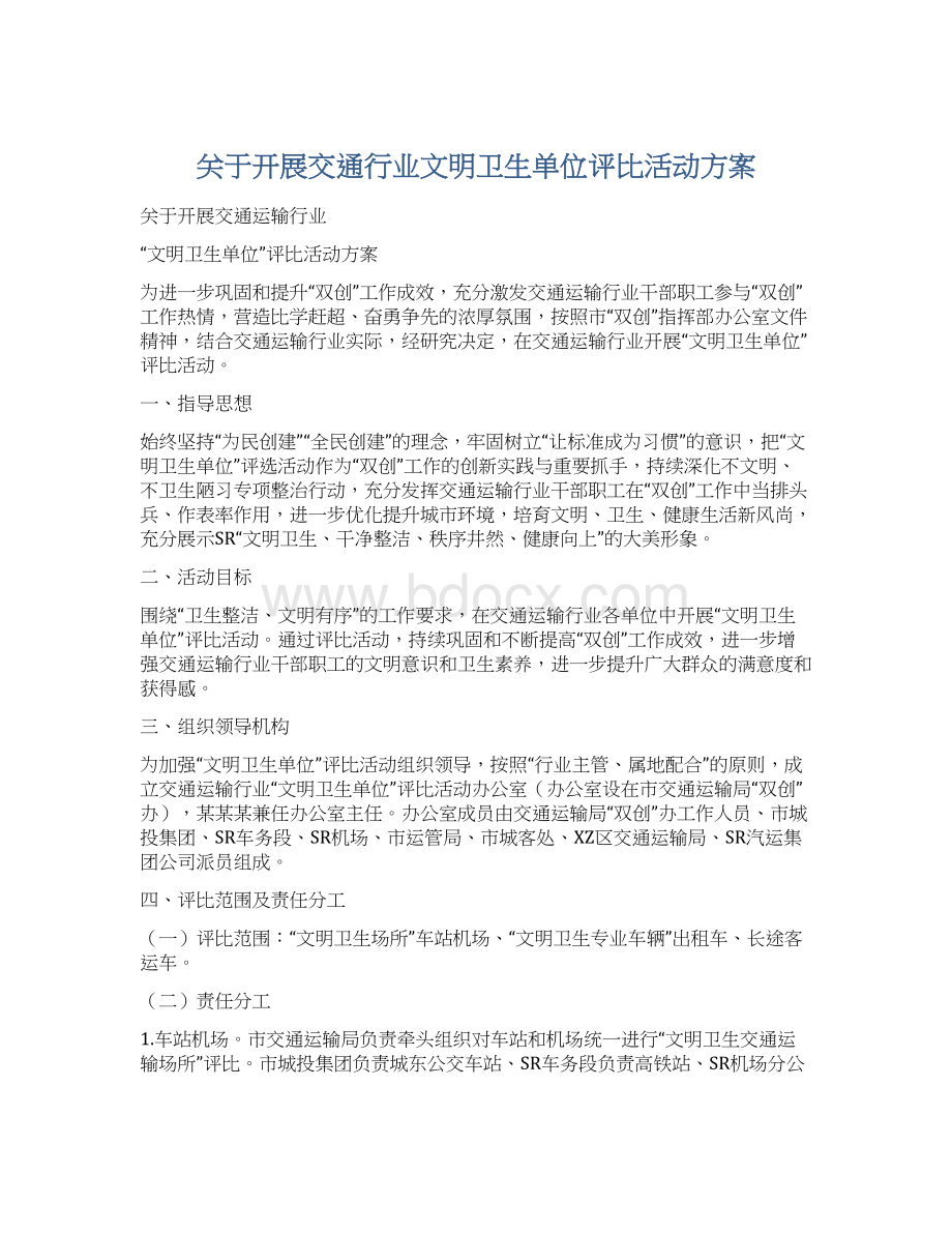 关于开展交通行业文明卫生单位评比活动方案Word格式.docx