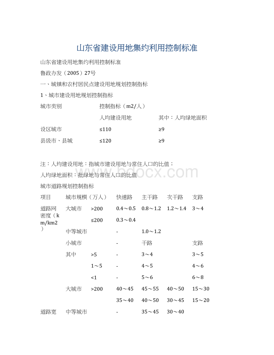 山东省建设用地集约利用控制标准.docx