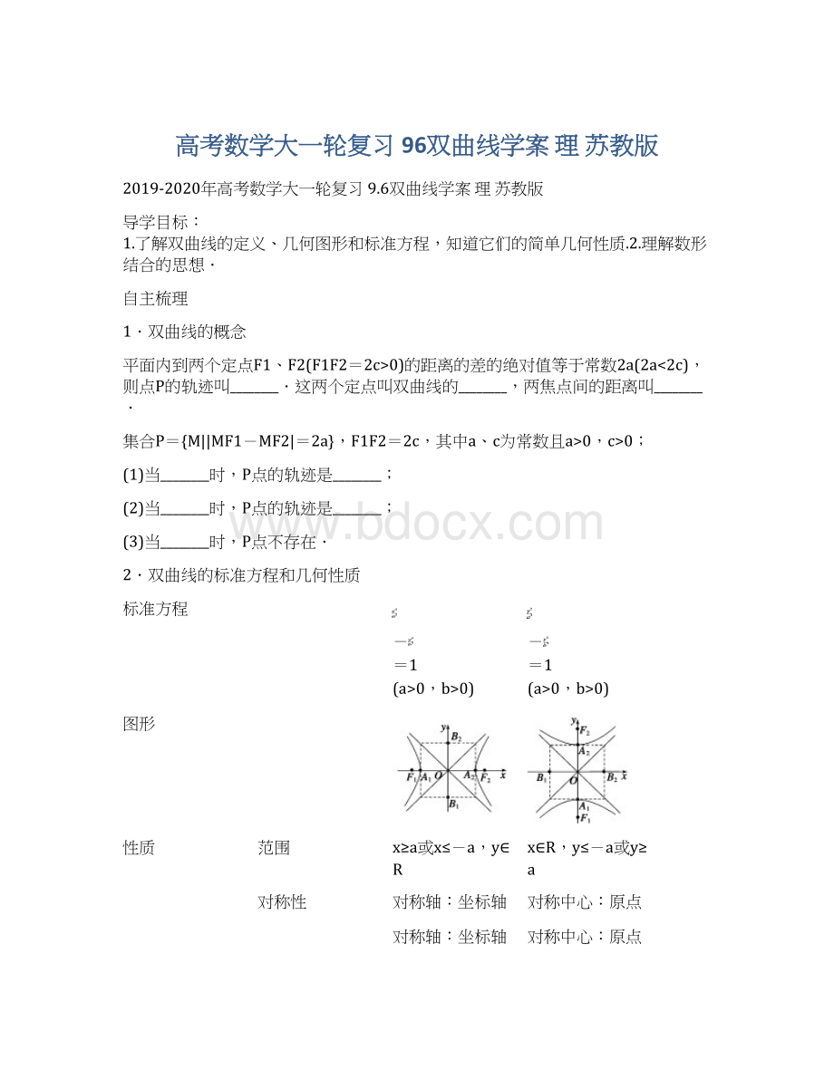 高考数学大一轮复习 96双曲线学案 理 苏教版Word格式文档下载.docx_第1页