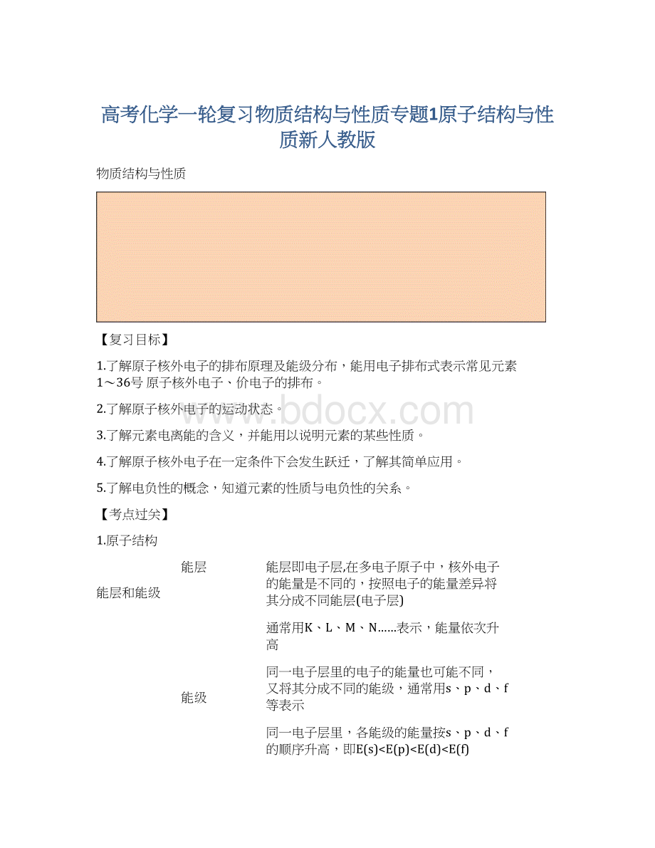 高考化学一轮复习物质结构与性质专题1原子结构与性质新人教版文档格式.docx