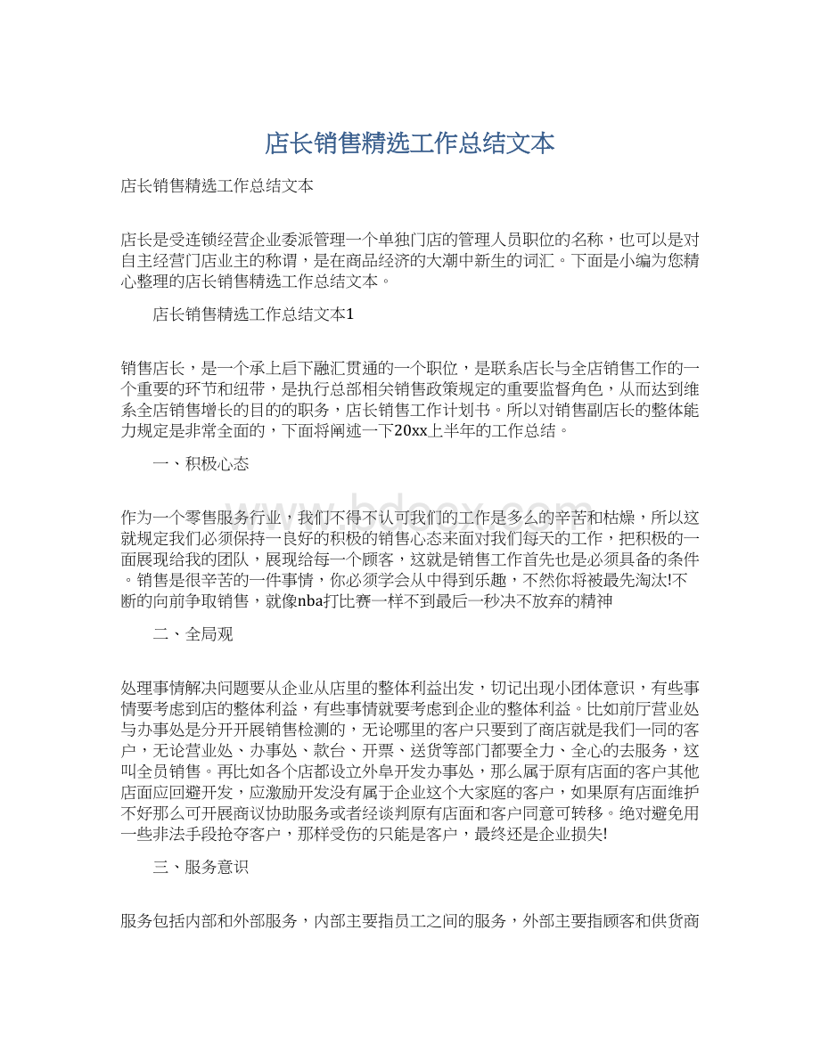 店长销售精选工作总结文本Word格式文档下载.docx