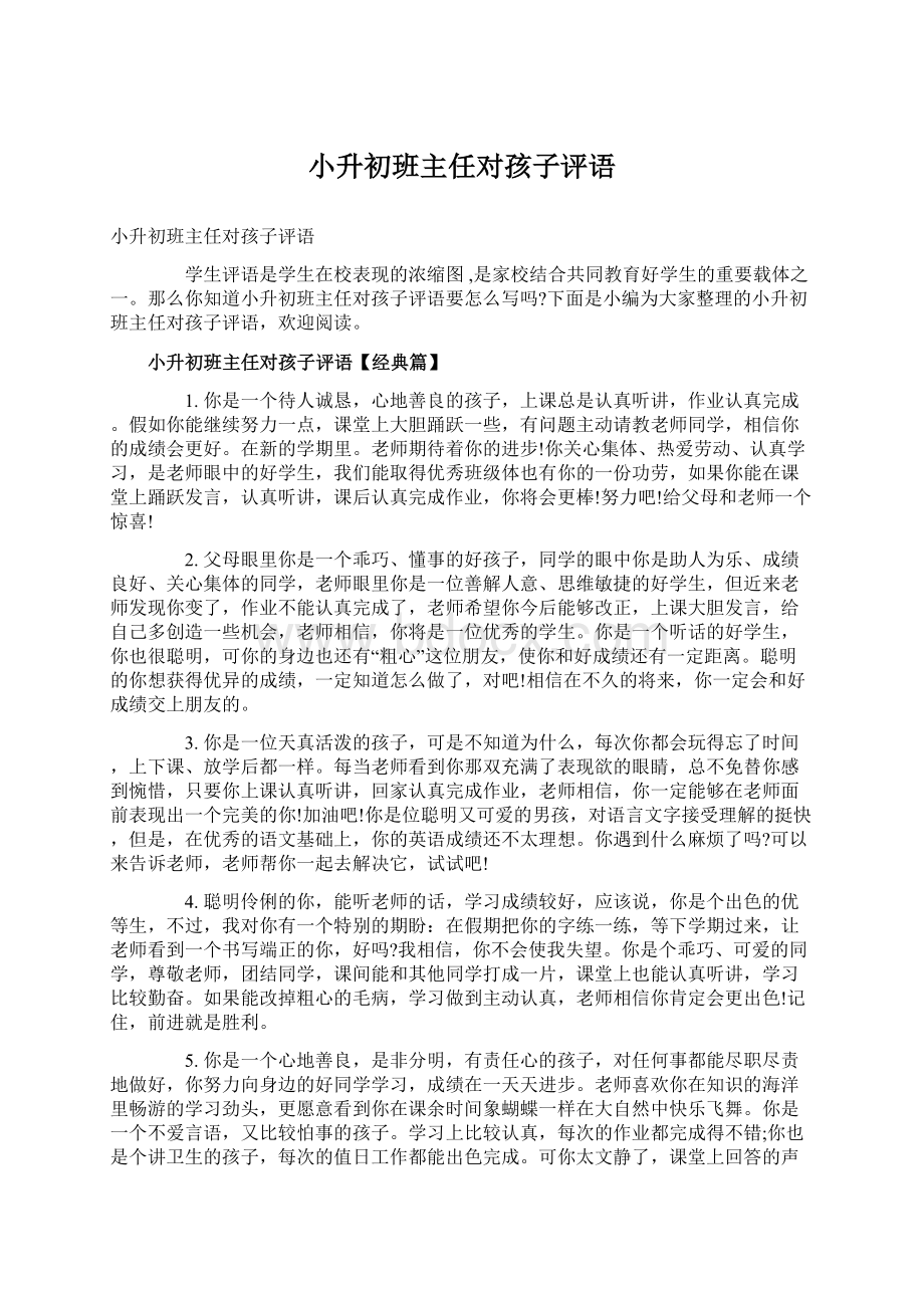 小升初班主任对孩子评语.docx_第1页