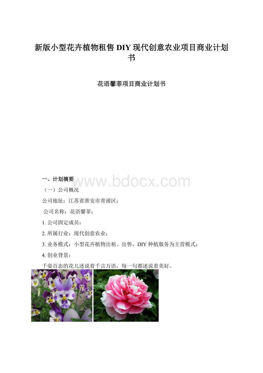 新版小型花卉植物租售DIY现代创意农业项目商业计划书Word文档下载推荐.docx