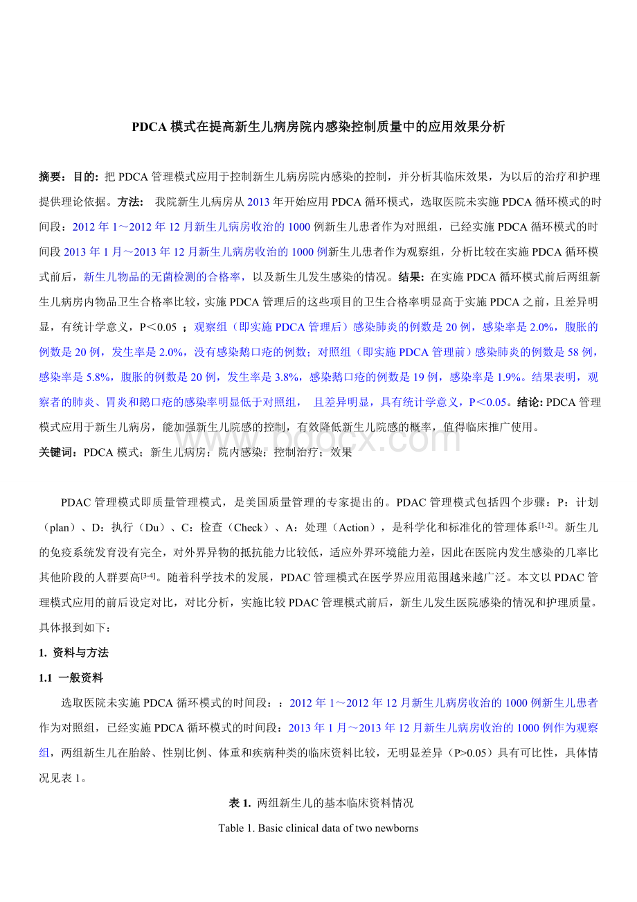 PDCA模式在提高新生儿病房院内感染控制质量中的应用效果分析_精品文档Word下载.doc