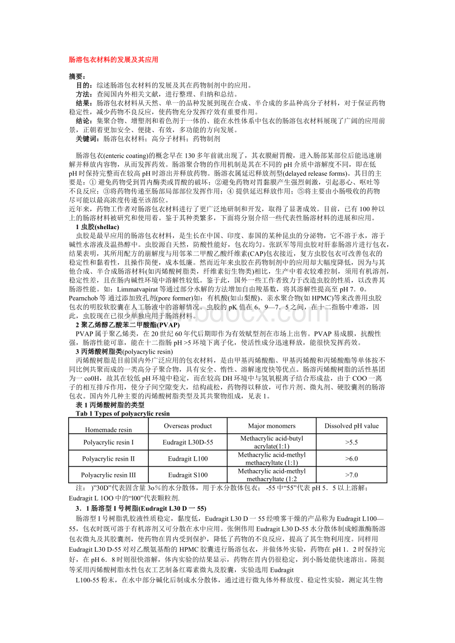 肠溶包衣材料的发展及其应用Word文档下载推荐.docx_第1页