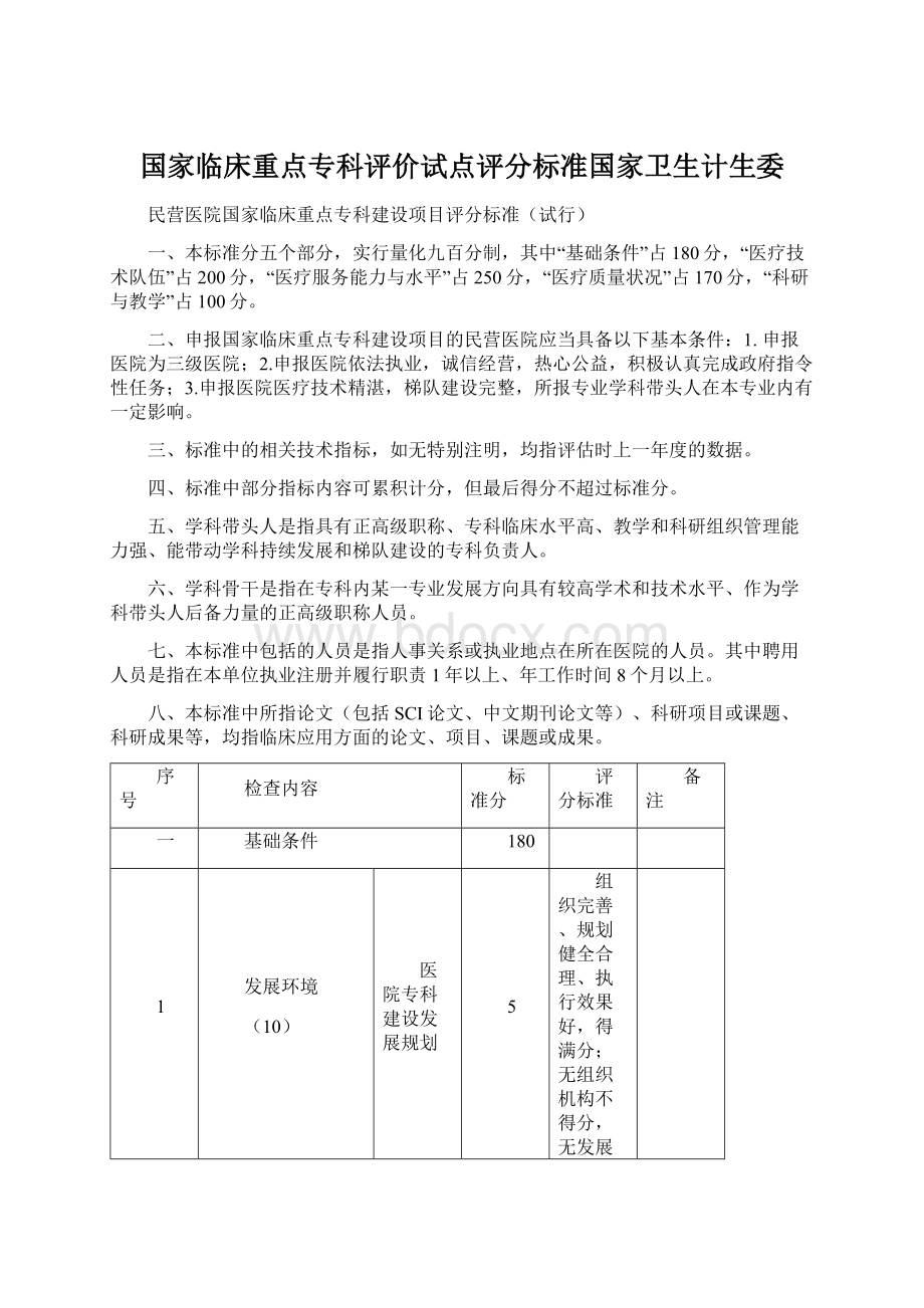 国家临床重点专科评价试点评分标准国家卫生计生委Word文件下载.docx_第1页