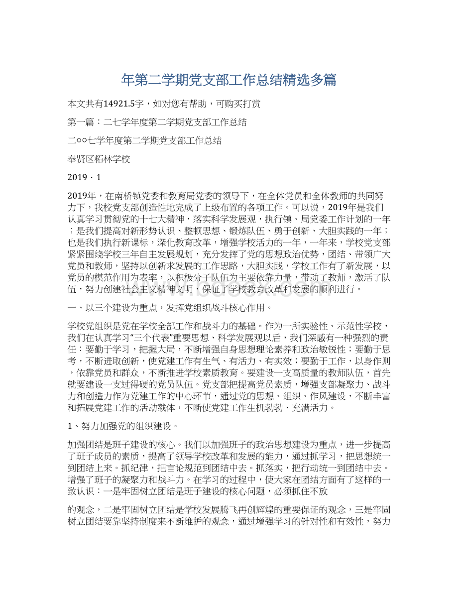 年第二学期党支部工作总结精选多篇Word文档格式.docx