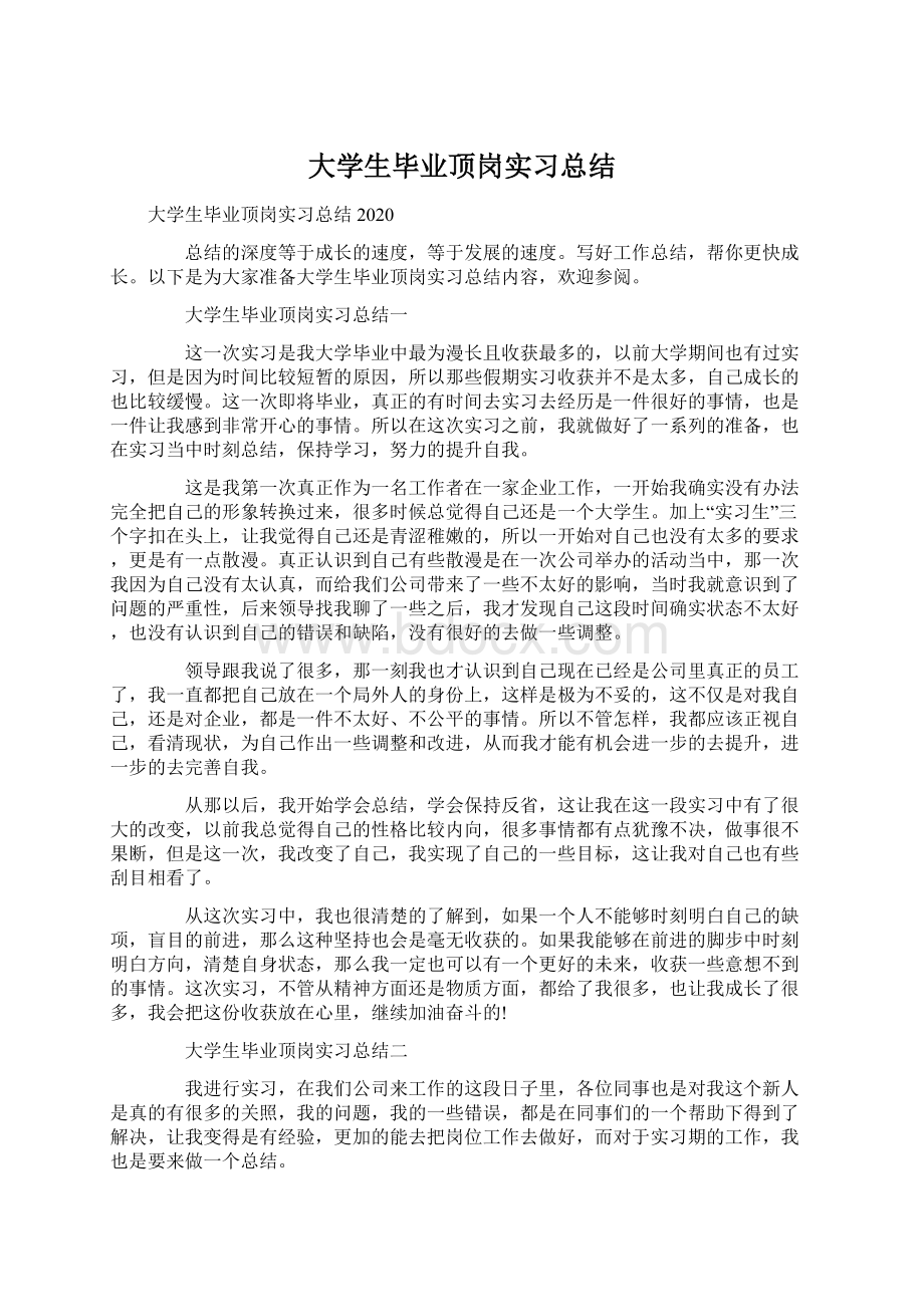 大学生毕业顶岗实习总结Word格式文档下载.docx_第1页