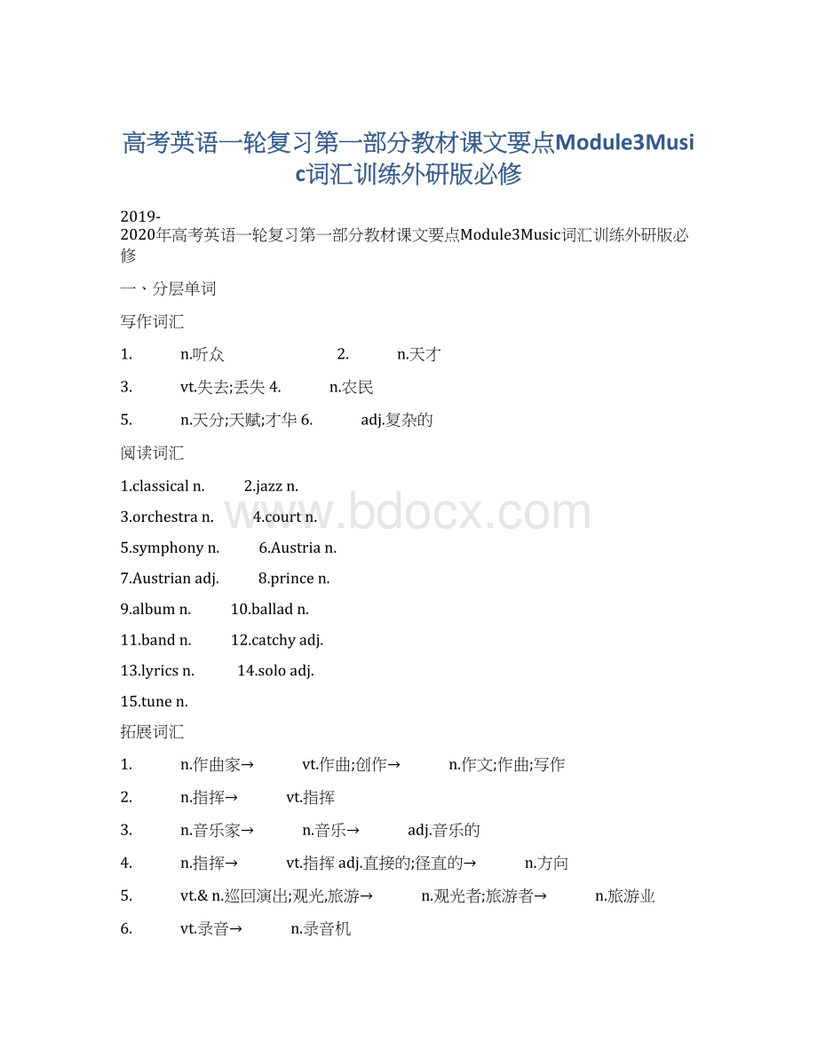 高考英语一轮复习第一部分教材课文要点Module3Music词汇训练外研版必修Word格式文档下载.docx_第1页