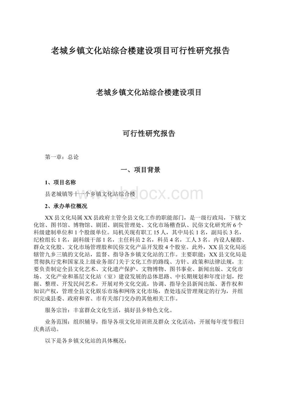 老城乡镇文化站综合楼建设项目可行性研究报告文档格式.docx