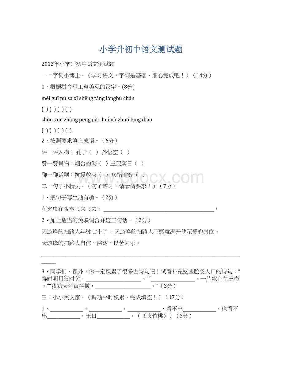 小学升初中语文测试题.docx_第1页