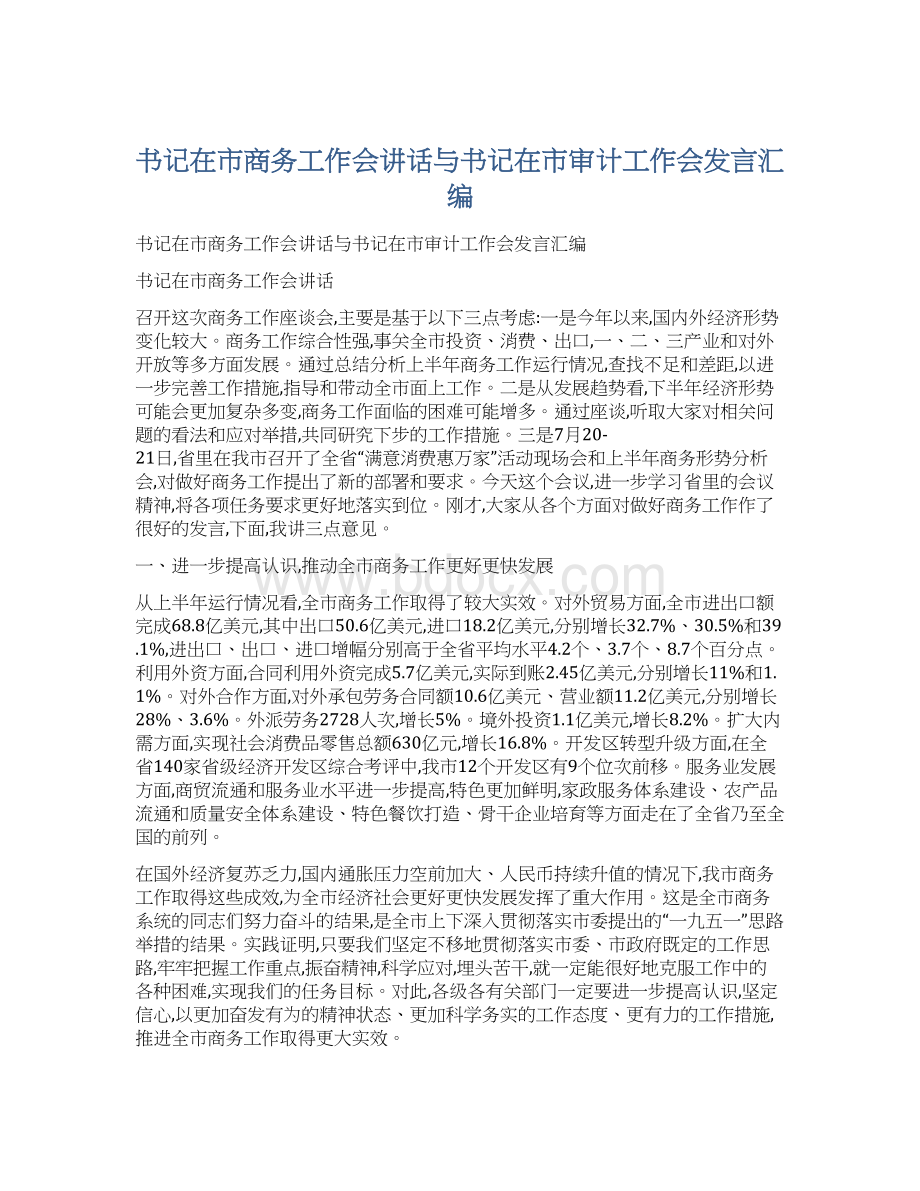 书记在市商务工作会讲话与书记在市审计工作会发言汇编Word文档格式.docx_第1页