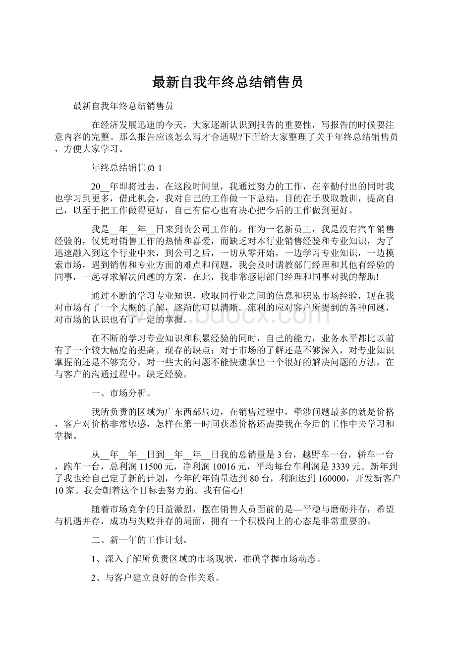 最新自我年终总结销售员.docx_第1页