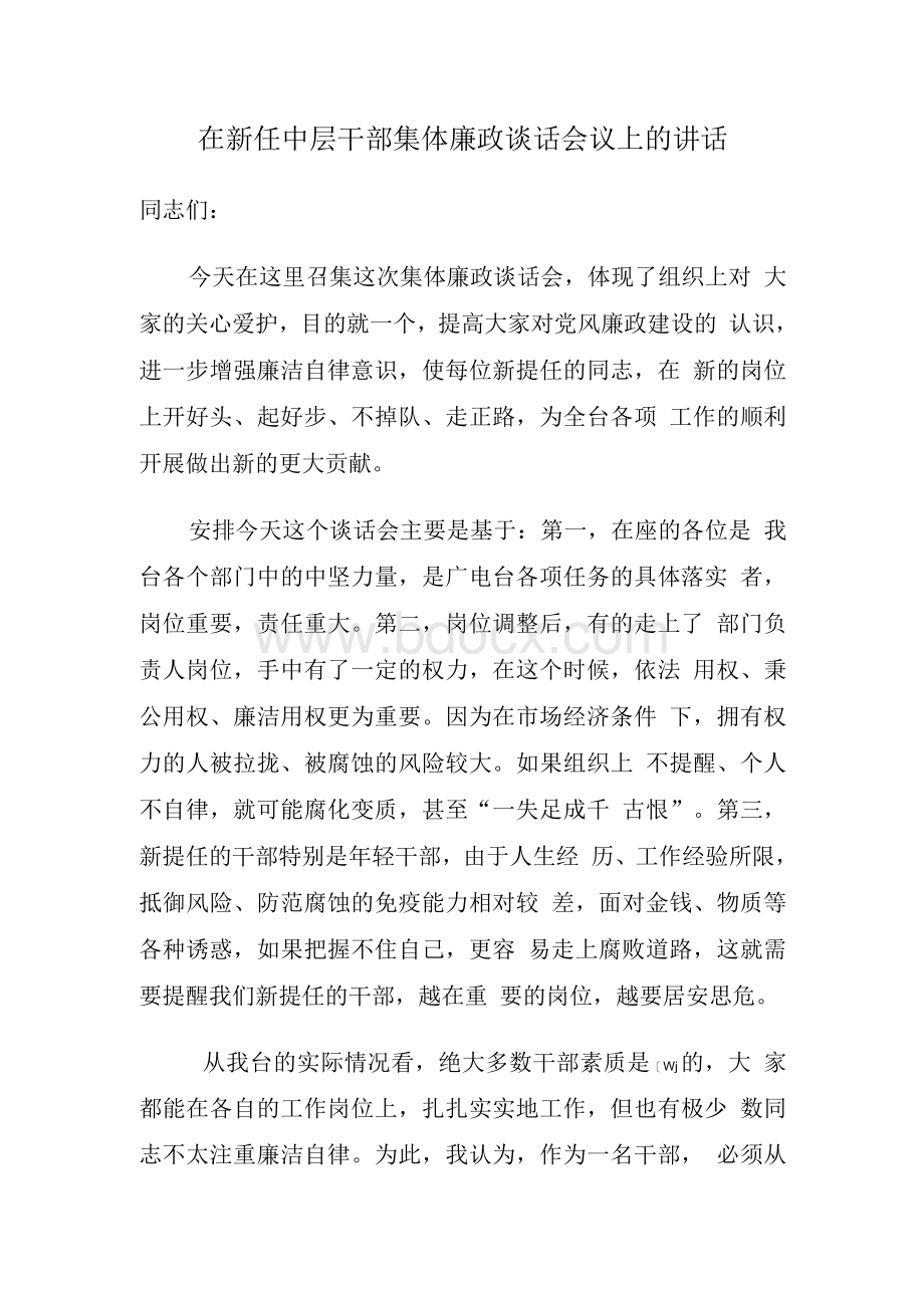 在新任中层干部集体廉政谈话会上的讲话.docx