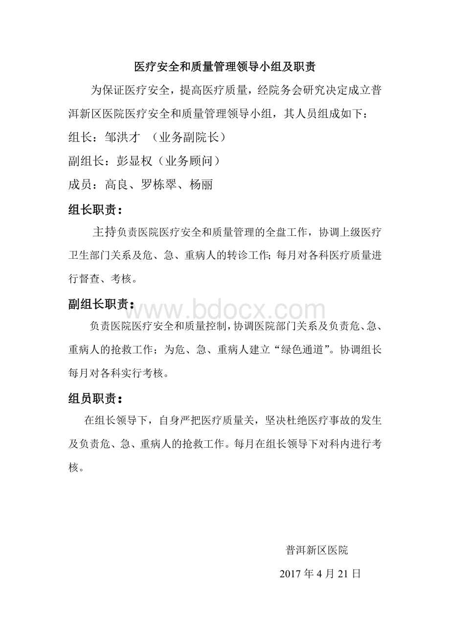 医疗安全和质量管理领导小组及职责Word格式文档下载.doc_第1页