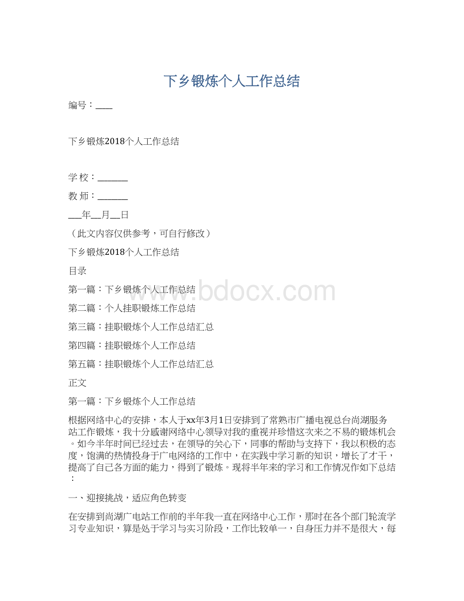 下乡锻炼个人工作总结.docx_第1页