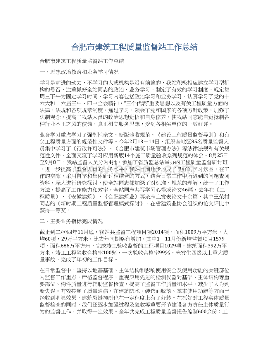 合肥市建筑工程质量监督站工作总结.docx