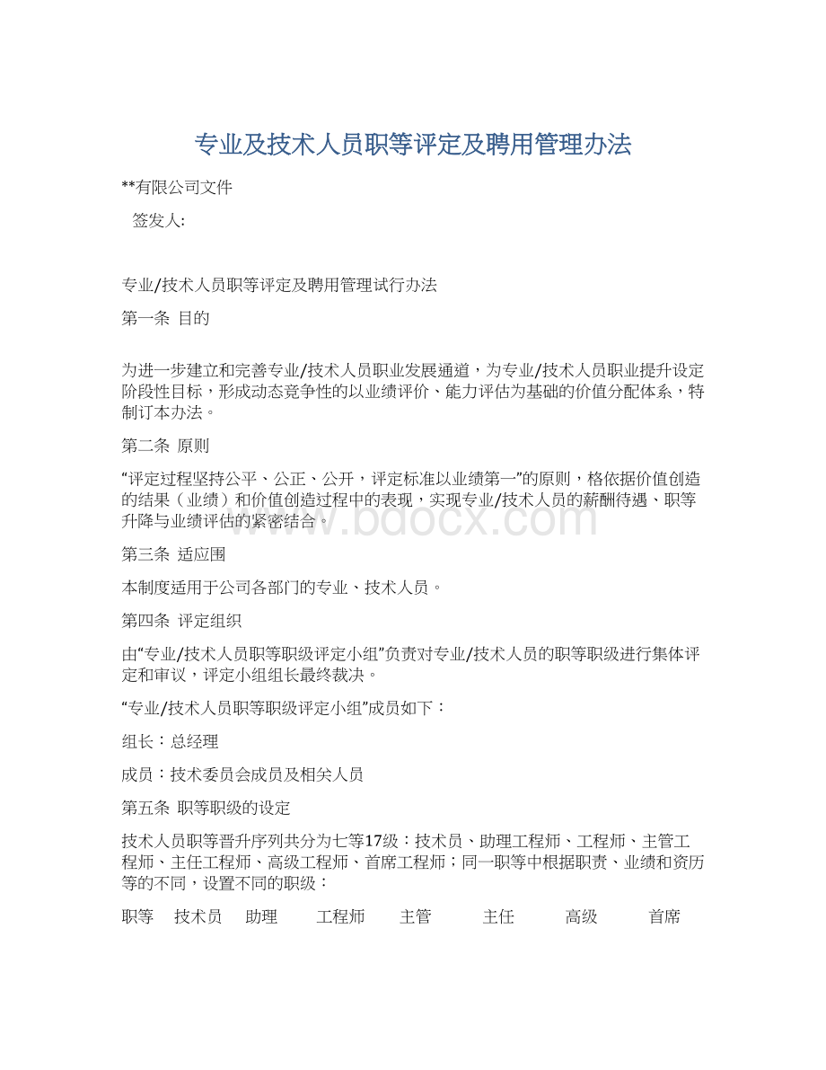 专业及技术人员职等评定及聘用管理办法文档格式.docx_第1页