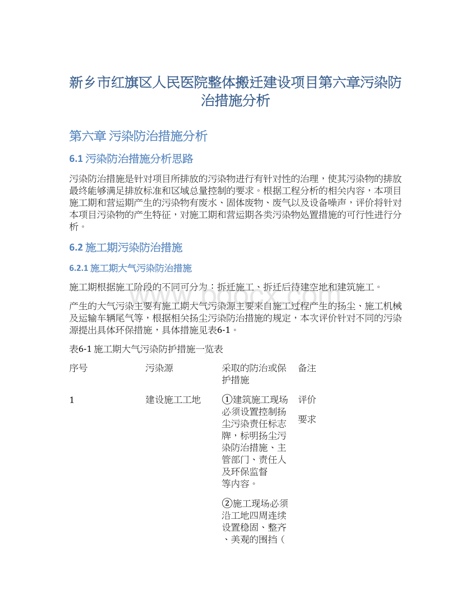 新乡市红旗区人民医院整体搬迁建设项目第六章污染防治措施分析.docx_第1页